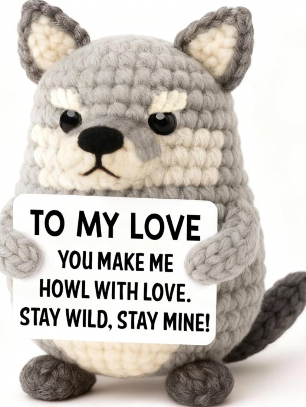 Handmade Crochet Gray Wolf Plush with Card